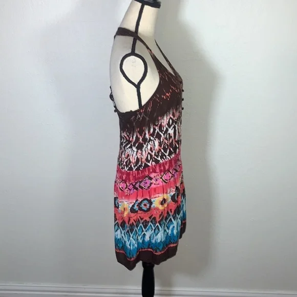 Bohemian Colorful V-Neck Mini Dress Crochet Lace Back Faux Buttons Boho Print - Picture 2 of 12